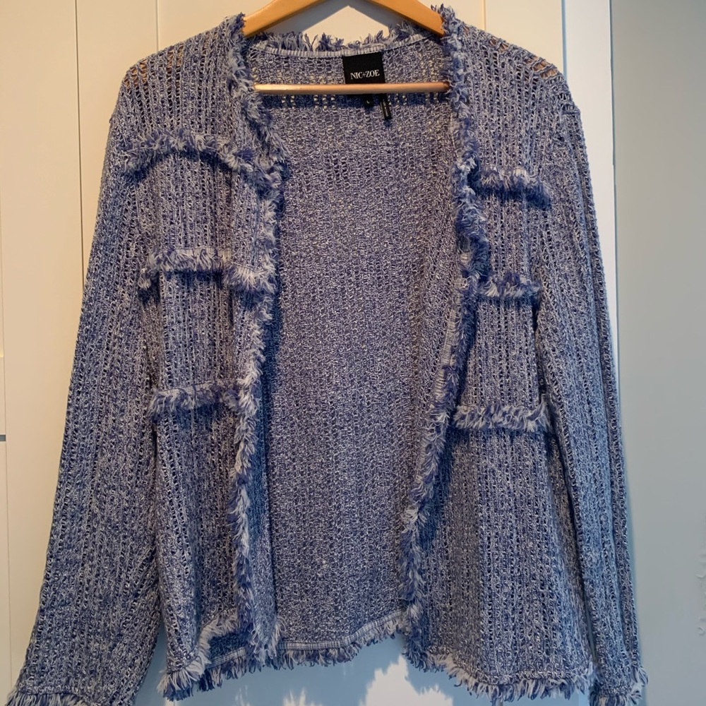 blue white open cardi jacket sz L